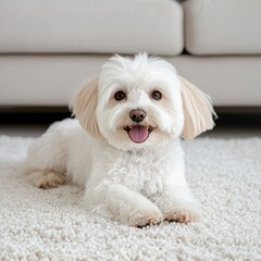 Fluffy White Dog Relaxing on White Carpet in Bright Indoor Setting