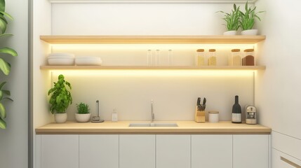 Bright minimalist kitchen design with wooden shelves and accessories