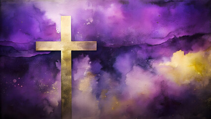 Watercolor cross background in blended shades of purple and gold, symbolic and reverent atmosphere, evoking the significance of Maundy Thursday with copy space  
