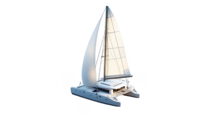 Isometric illustration of a white catamaran sailboat on water, isolated on white background. 
