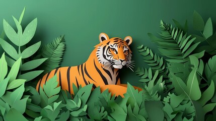 Origami papercut animal collection in jungle bold orange tiger against green foliage artistic nature viewpoint