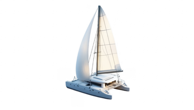 Isometric illustration of a white catamaran sailboat on water, isolated on white background. 
