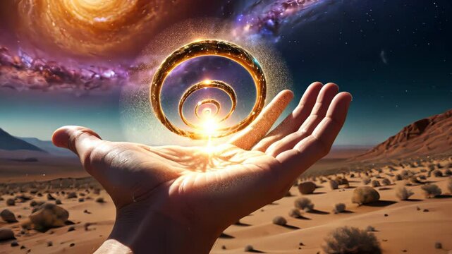 A glowing cosmic portal floating above a hand in a desert, radiating energy and swirling in the vastness of space. Concept of cosmic power and interdimensional travel