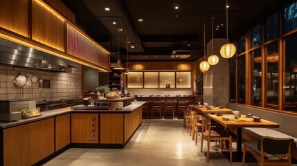 Elegant restaurant interior featuring wood accents and decorative lighting
