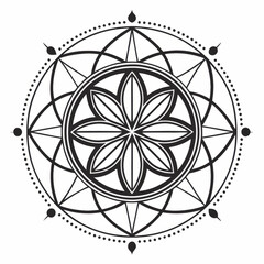 Black and white geometric tattoo featuring a minimalist mandala with symmetrical fine lines, ideal for sacred and modern ink designs.