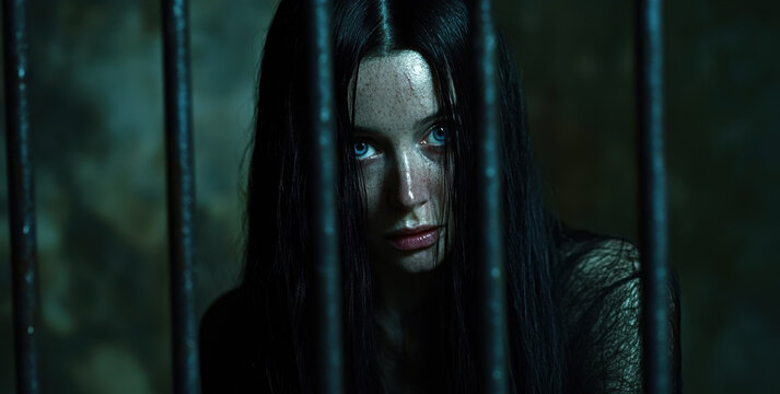A woman with dark hair is imprisoned behind metal bars in a dimly lit environment, evoking a sense of fear and despair