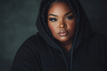 Naklejka premium A confident plus-size African American individual poses with a serious expression, wearing a black hoodie and showcasing natural beauty