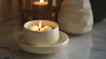 A white ceramic wax warmer with a tea light candle inside. A small dish on top holds a melting wax cube.