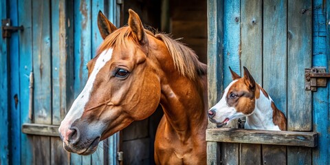 Obraz premium Chestnut Horse & Staffordshire Bull Terrier: Tranquil Barn Encounter Macro Photography