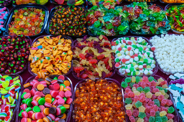 Colorful candies at a market in Vietnam, fruit jelly candies