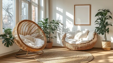 Sunny room, wicker chairs, plants, relaxation