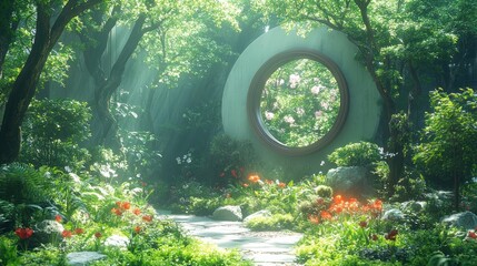 Sunlit Garden Path, Circular Window, Spring Blossoms