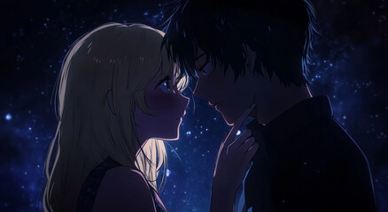 Romantic anime couple gazing under a starry night sky
