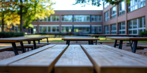 Tables and benches set in a vibrant schoolyard invite students to gather and socialize during their breaks on a sunny day
