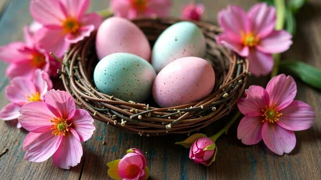 4k footage of easter pink and blue eggs in a wicker basket surrounded by pink flowers