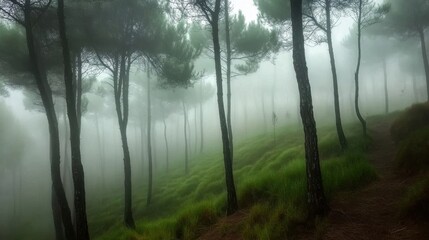 Fototapeta premium Mystical Foggy Pine Forest in Soft Morning Light