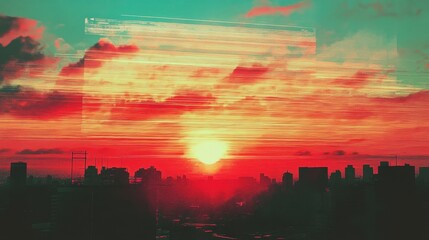 Retro 80s Sunset with VHS Glitch Effect
