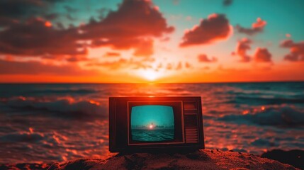 Retro 80s Sunset with VHS Glitch Effect