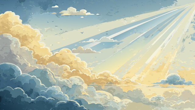 Watercolor light rays breaking through soft clouds in gentle pastel yellow and blue, symbolizing hope and reflection for Maundy Thursday services with copy space  
