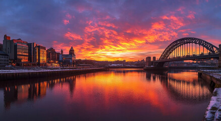 Stunning Tyne Bridge Sunset Reflection in Newcastle Upon Tyne, England 
