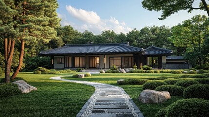 Traditional japanese house nestled among trees with stone pathway