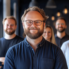 Fototapeta premium Business Triumph: A Successful Company and Its Happy Team, portrait of a young man