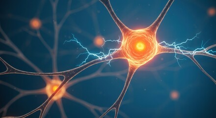 A captivating 3D rendering of a neuron synapse, showcasing a glowing orange nucleus surrounded by intricately branching dendrites.