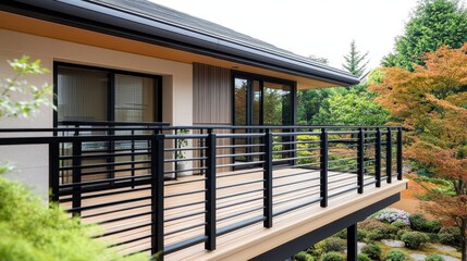 Elevated wooden deck with black railing overlooking lush greenery