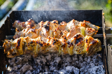 Marinated shashlik (or shish kebab) preparing on a skewers over charcoal
