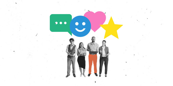Contemporary art collage. Group of professionals, standing with digital devices, facing camera against white background with speech bubble, heart, and star icons above. Concept of social media.