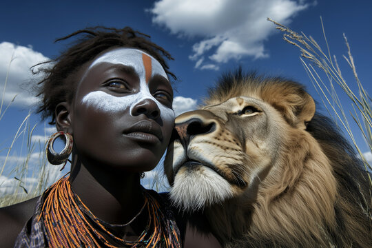 African tribe woman with her face painted between a lion in the sabana