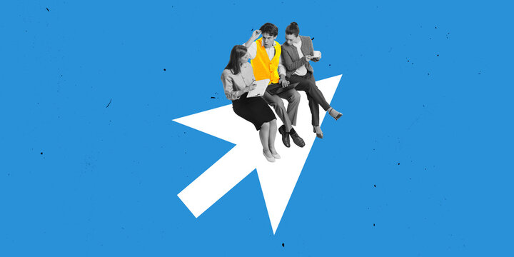 Contemporary art collage. Three colleagues, sitting on white arrow, collaborating on laptop and notes against blue background. Concept of teamwork, direction, and business strategy.