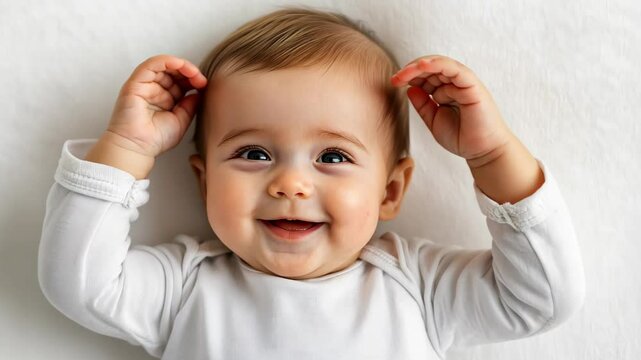 Smiling Infant With Cochlear Implant Lying On White Background, Hands Up, Expressive and Happy Baby Portrait Reflecting Joyful Reaction, Capturing Innocence and Technological Advancement
