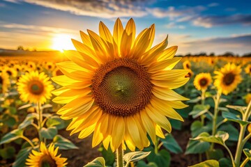 Obraz premium Close-up Blooming Sunflower in Field, Agricultural Culture, Golden Hour Light, Natural Background, Butter Yellow