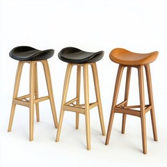 A set of sleek bar stools isolated on a white background, featuring modern, minimalist designs
