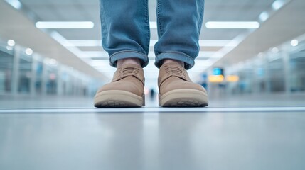 close-up of traveler feet standing on marked line at security checkpoint captured under bright terminal lighting