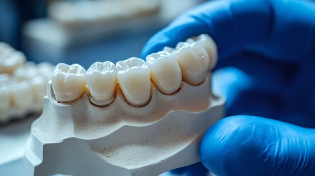 Dentist holding dental prosthesis showing perfect teeth alignment