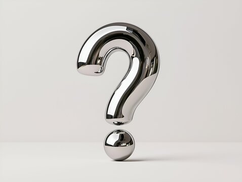 Question mark symbol minimal concept. Shiny metallic question mark with a ball base on a neutral background.