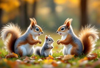 Adorable Squirrel Family Enjoying Autumn Together in a Colorful Forest Scene