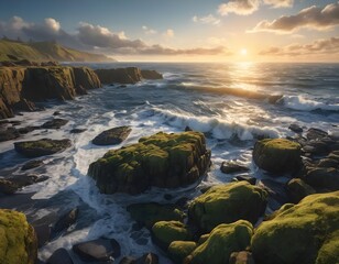 Obraz premium Sunset over the ocean with waves and rocky coastline