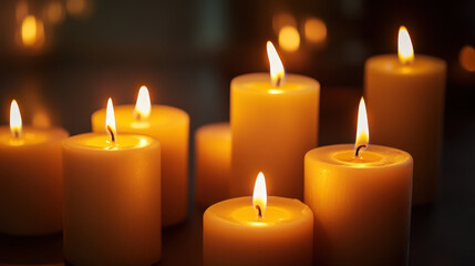 Illuminating serenity: A captivating display of burning candles radiating warmth and tranquility in a dimly lit space promoting relaxation and reflection