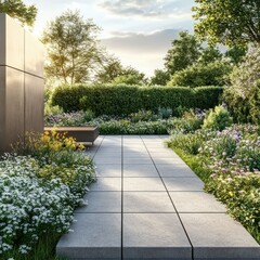 Obraz premium Modern patio landscape design, sunny garden, outdoor living space