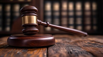 Obraz premium Wooden gavel resting on sound block in courtroom setting symbolizing justice and law