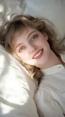 Sunlight kisses face as awakens serene smile gracing lips Pure morning bliss