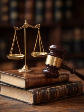 Law and justice concept, gavel, scale and law books on a wooden table
