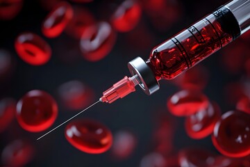 Syringe Filled with Red Liquid: A close-up shot of a syringe filled with a vibrant red liquid, surrounded by floating red blood cells, suggesting a medical or scientific context.