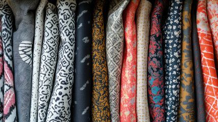 A diverse collection of patterned fabrics showcasing a vibrant assortment of colors and designs for creative projects and textile enthusiasts