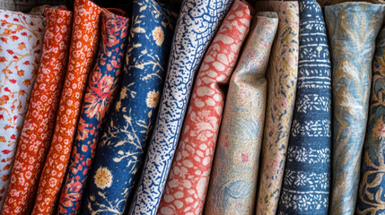 A vibrant collection of tightly rolled fabrics featuring an array of vintage-inspired floral patterns showcasing diverse color palettes and intricate designs suitable for quilting or crafting