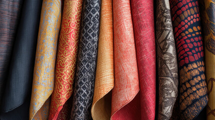 An array of vibrant and textured fabric swatches showcasing diverse patterns and color palettes suitable for interior design and textile projects
