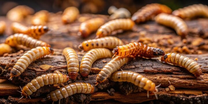 Close-up Macro Shot of Maggots and Larvae on Decaying Wood - Low Light Photography